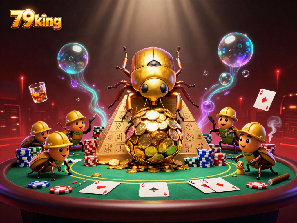 Engage with the 79king casino scene featuring dynamic golden beetles rolling coins and poker elements.
