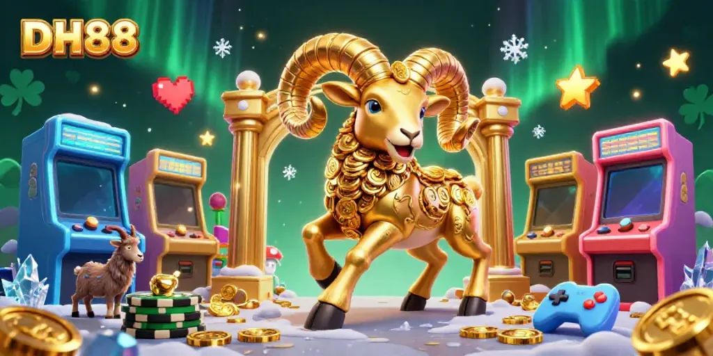 Engage in thrilling DH88 gameplay with a golden ram charging through an exciting arcade casino setting.