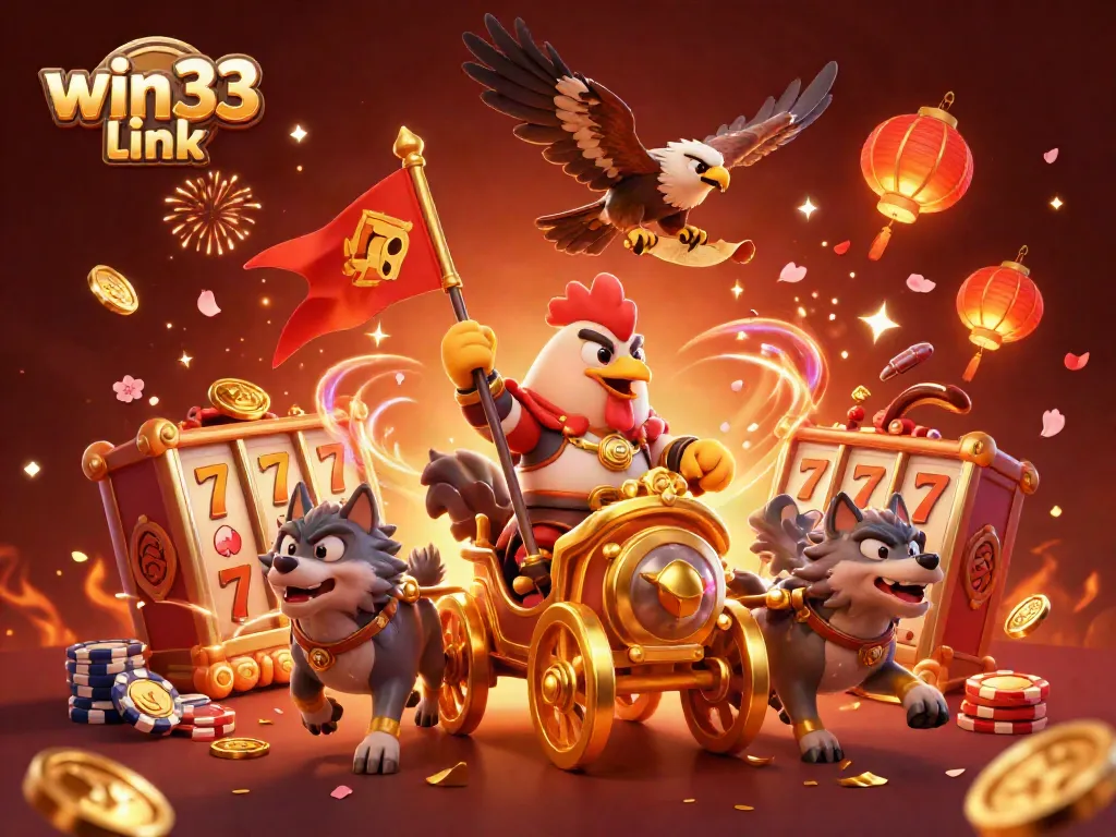 Engage with the thrilling win33 link scene showcasing a rooster warlord in a dynamic casino environment.