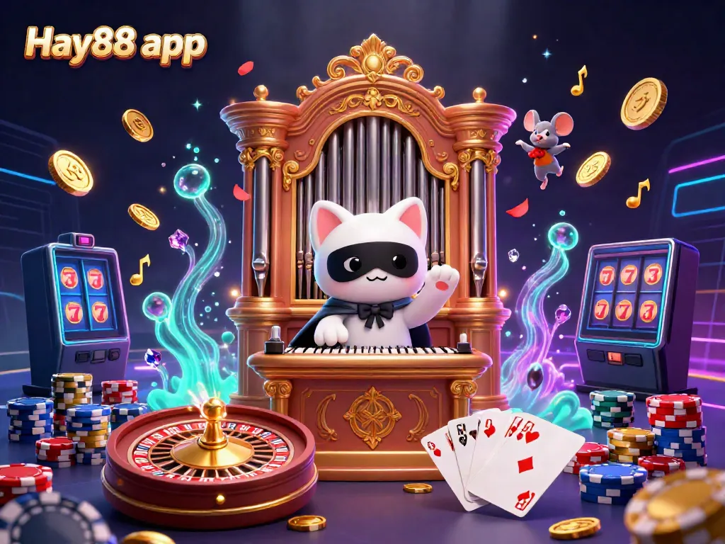 Join the excitement of Hay88 app with dynamic gaming elements showcasing vibrant casino themes, including slot reels and poker chips.
