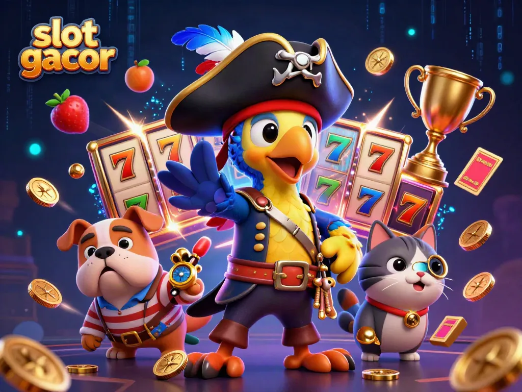 Experience the excitement of slot gacor with this vibrant 3D digital illustration featuring lively casino characters.