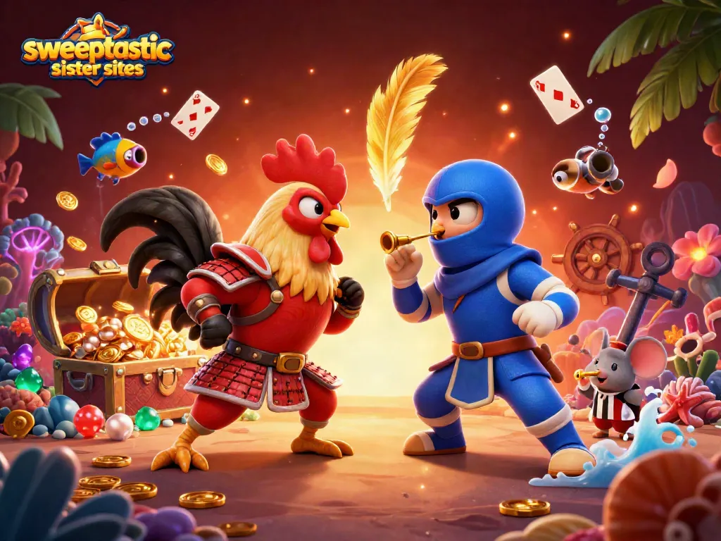 Engage at Sweeptastic sister sites with dynamic rooster battle, gold coins, and vibrant casino elements.