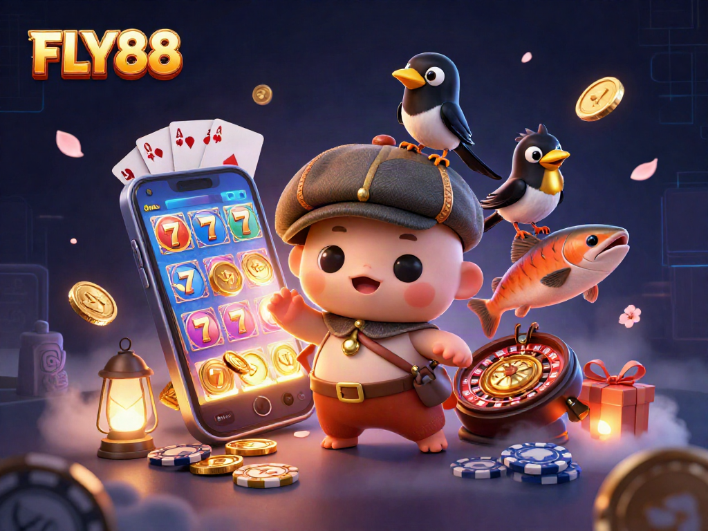 Join the fun at FLY88 and spin the reels of fortune with this vibrant casino-themed illustration.
