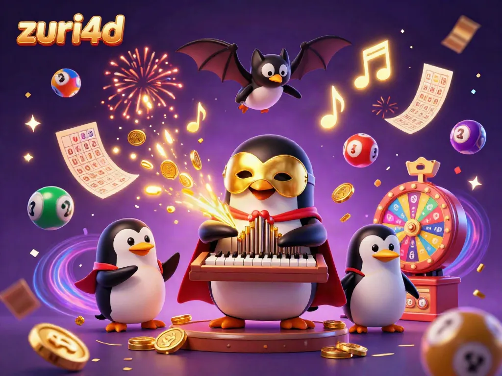 Permainan lotere zuri4d yang menarik dengan penguin opera dan bola warna-warni dalam suasana meriah.