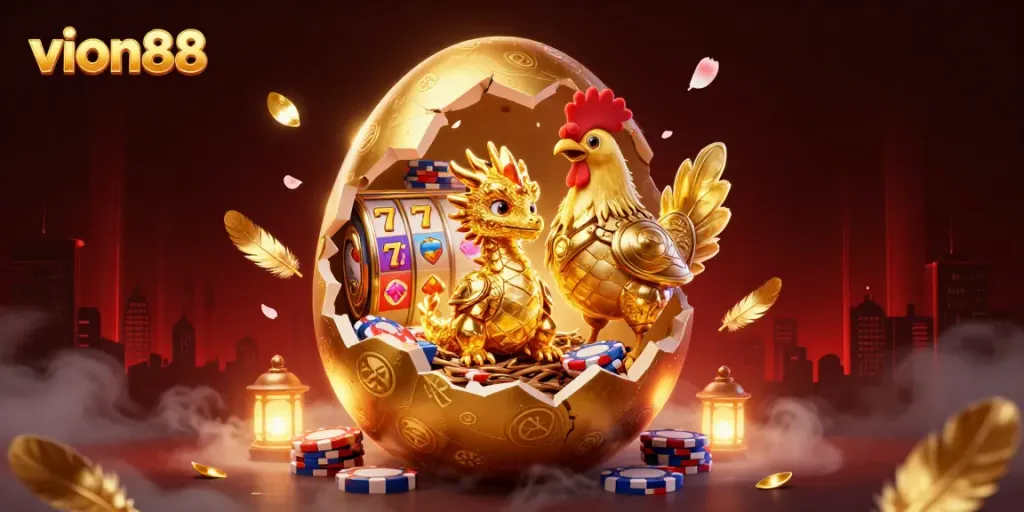 Win big at vion88 with slot reels and golden characters in a vibrant casino scene.