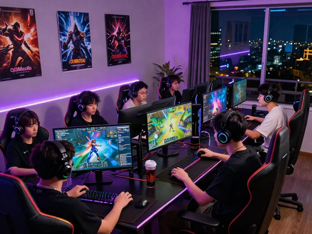 QQMacan players engaged in a thrilling online gaming experience in a vibrant, immersive room.