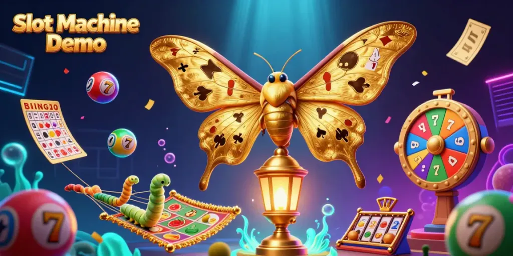 Engage with the Slot Machine Demo showcasing vibrant slot reels, lucky symbols, and a whimsical moth in 3D.