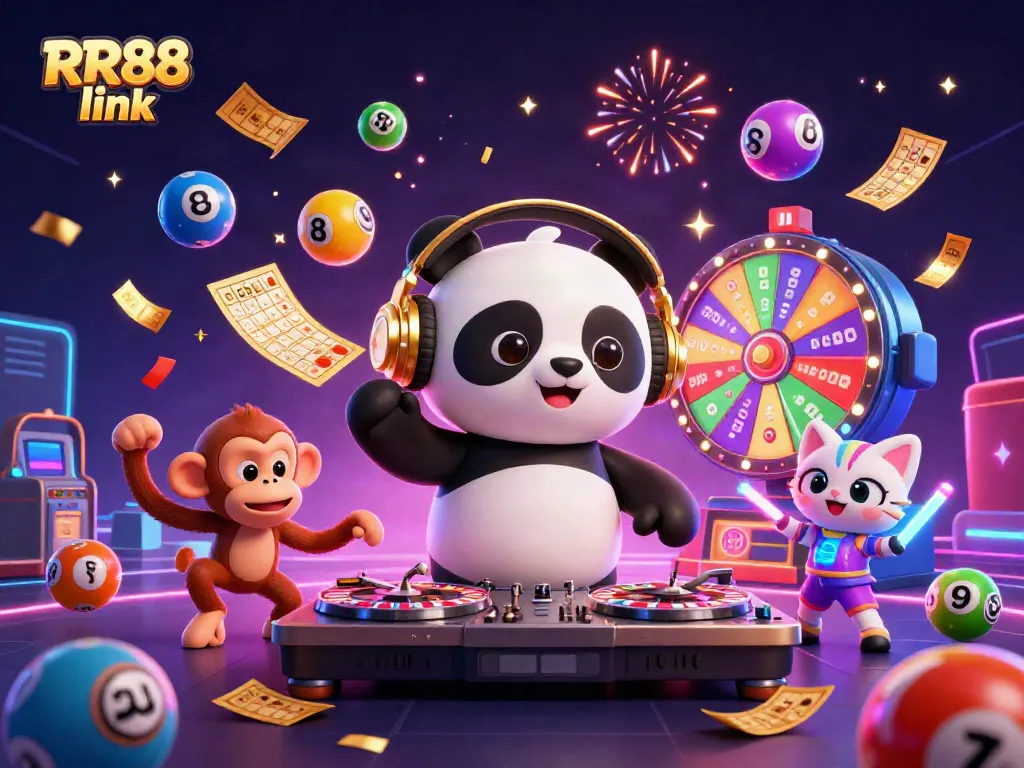 Engage with the vibrant world of gambling as RR88 link showcases a 3D DJ panda and festive characters celebrating in a dynamic casino scene.