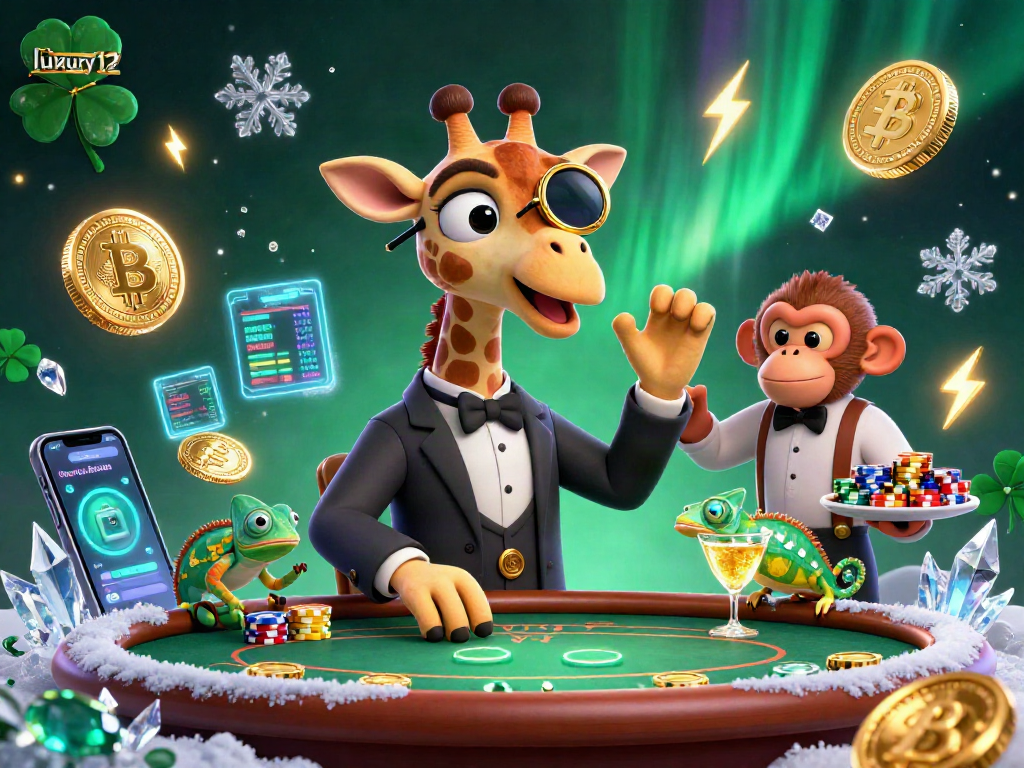 Experience the excitement of luxury12 with a high-roller giraffe at the poker table surrounded by crypto elements.