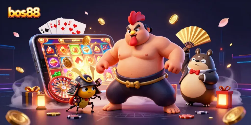 Experience the excitement of bos88 with vibrant slot gaming, featuring a powerful sumo rooster, cricket, and tanuki announcer.