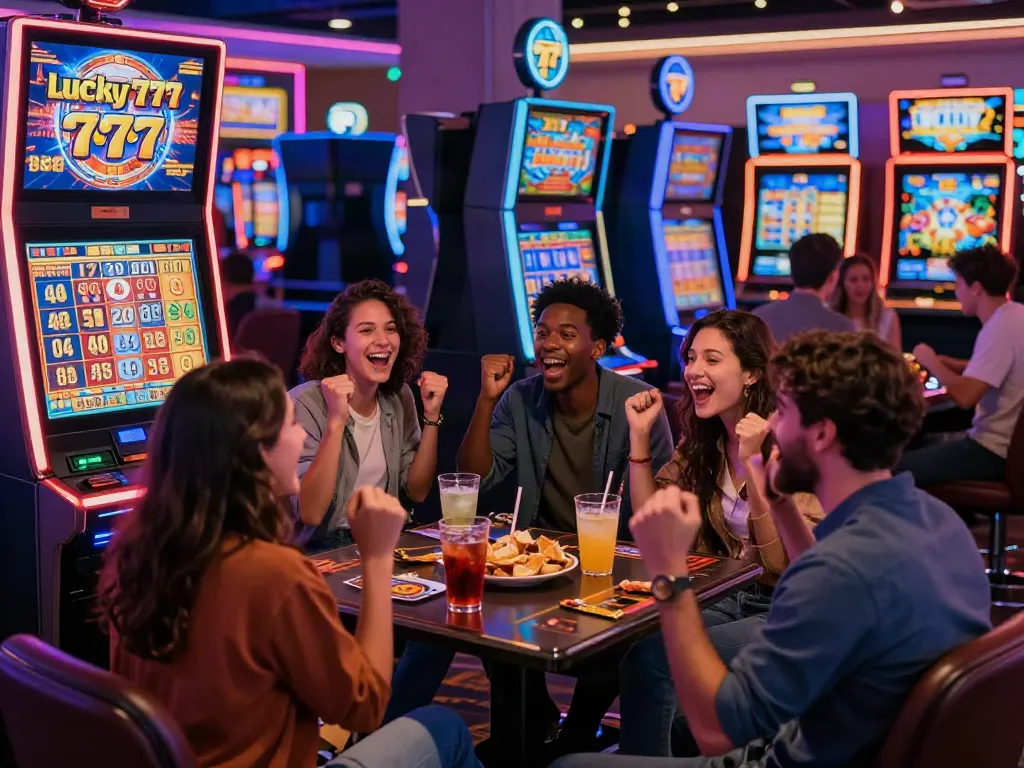 Friends celebrating a jackpot win at a Lucky777 slot machine in a lively casino atmosphere.