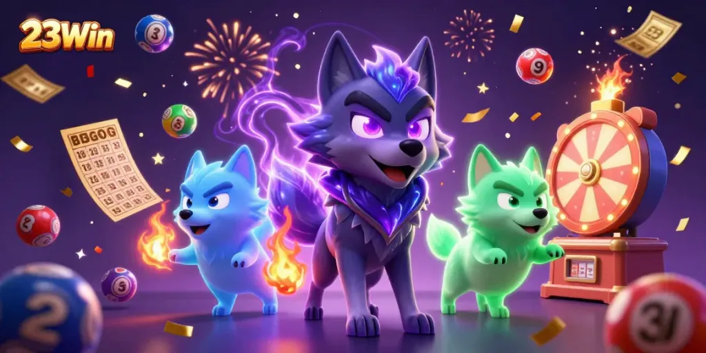 Engage with 23Win's lively lottery scene featuring energetic wolves and colorful game elements.