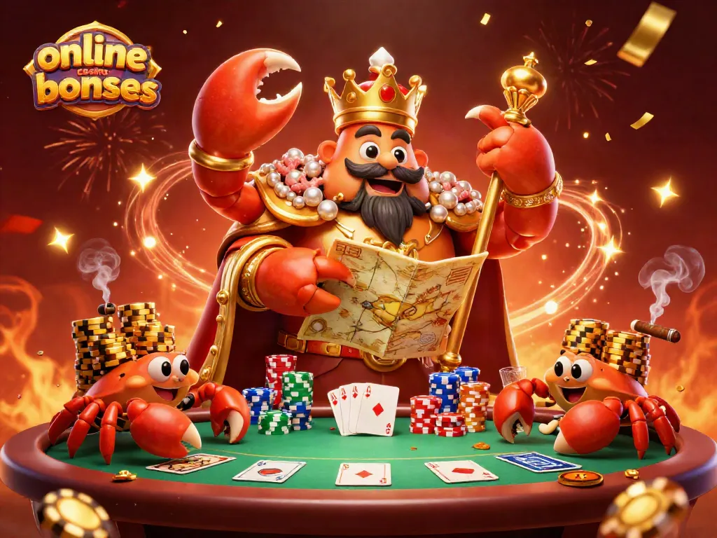 Win big with attractive online casino bonuses featuring a golden crab emperor in a festive poker scene with vibrant colors.