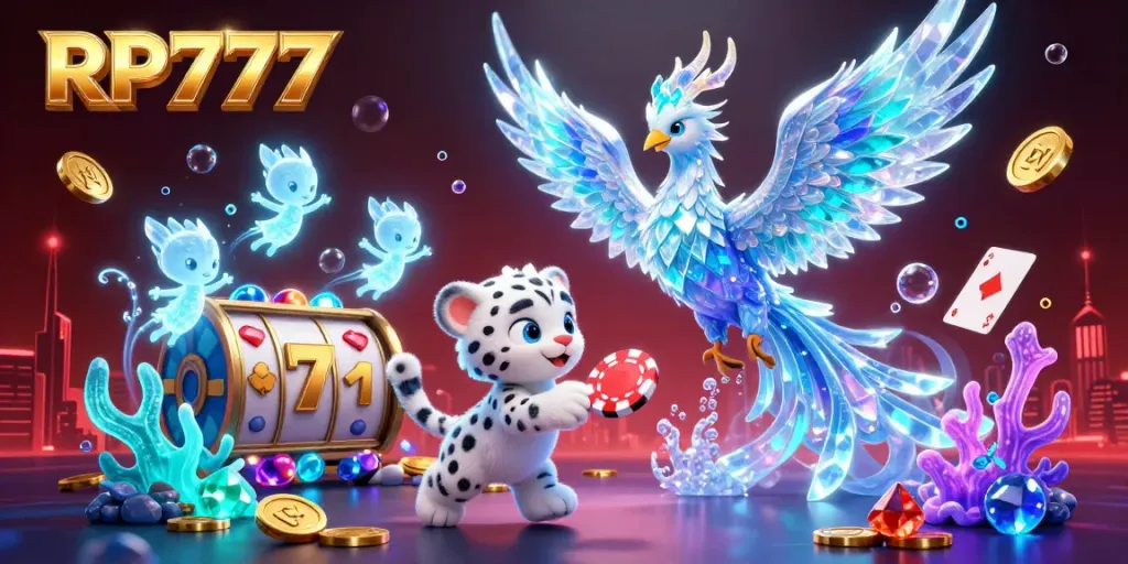 Experience the thrill of RP777 with a dynamic scene of an ice phoenix and playful leopard amid slot games and vibrant underwater elements.