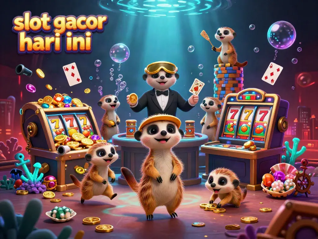 Experience excitement with slot gacor hari ini in a vibrant digital casino scene featuring meerkats in action.