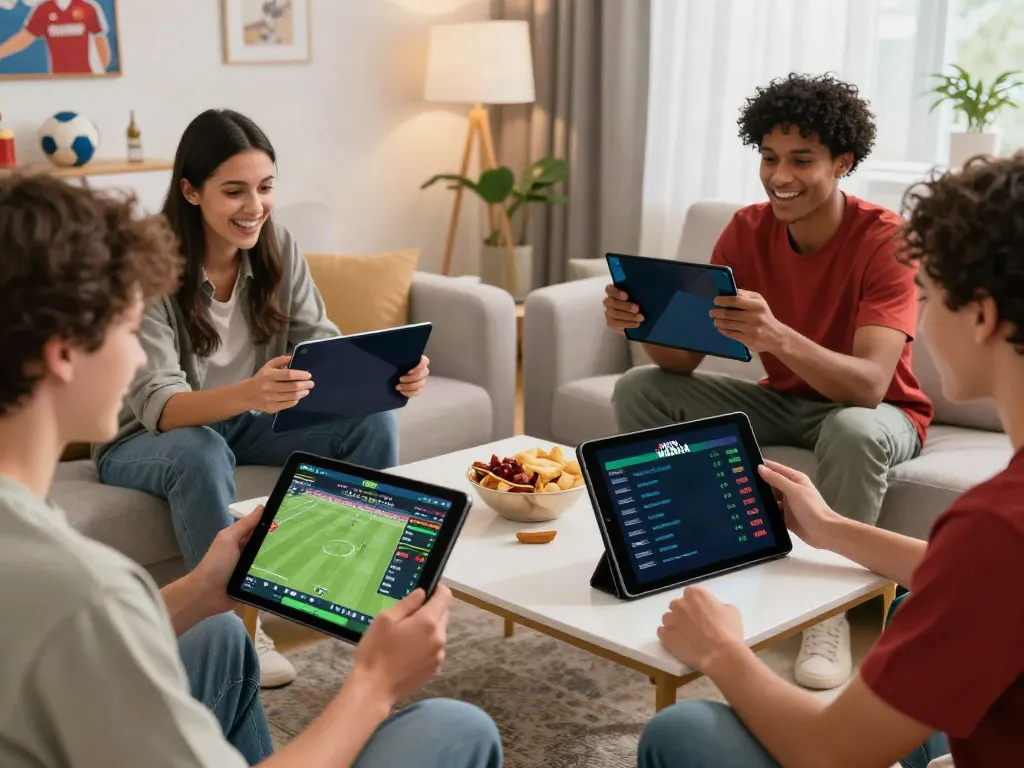 Friends enjoying sports betting with WWBOLA, analyzing stats in lively living room setting.