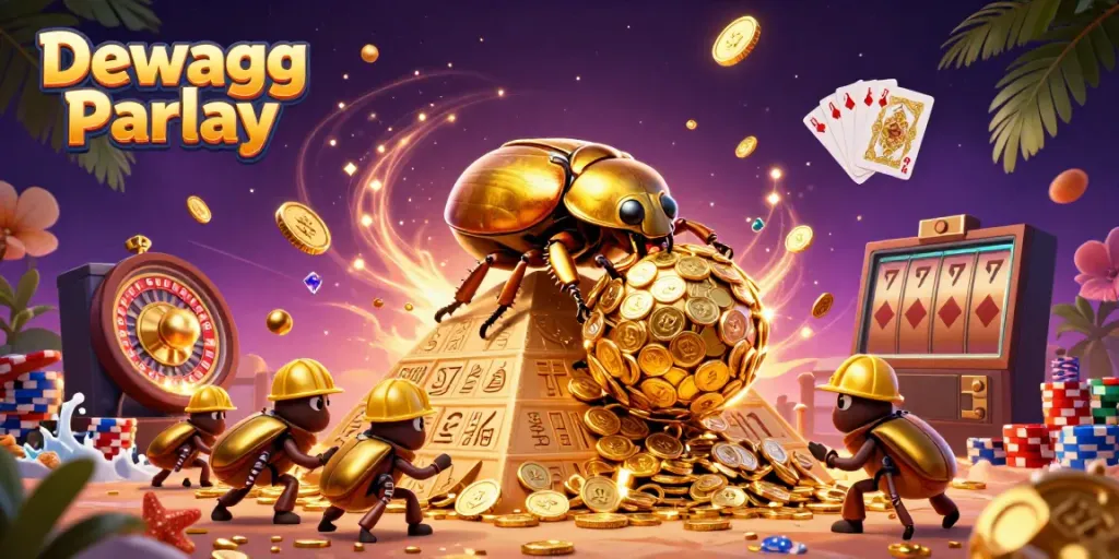 Engage in thrilling betting with Dewagg Parlay, featuring dynamic casino elements and vibrant 3D illustrations.