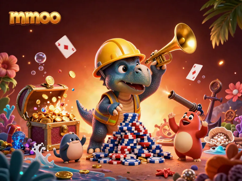 mmoo casino scene showcasing a triceratops building poker chips with underwater treasures and festive elements