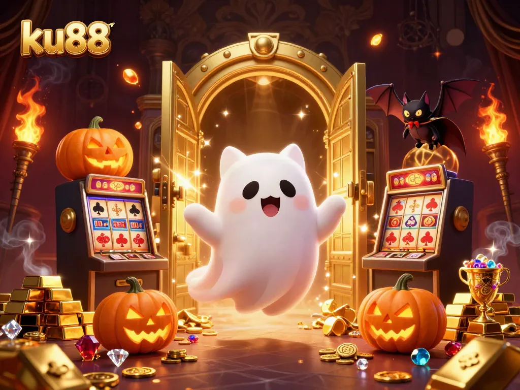 Experience thrilling gaming with ku88's friendly ghost cat and vampire bat in a dynamic casino setting.