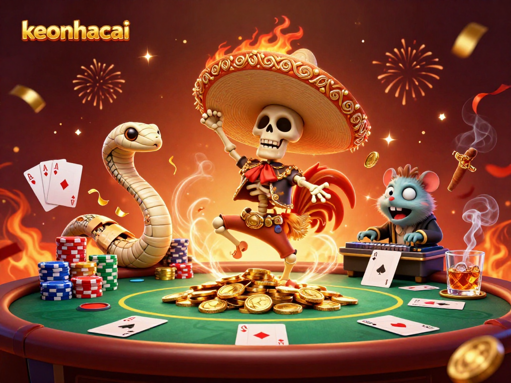 Experience keonhacai with a lively 3D illustration featuring a unique casino celebration scene.