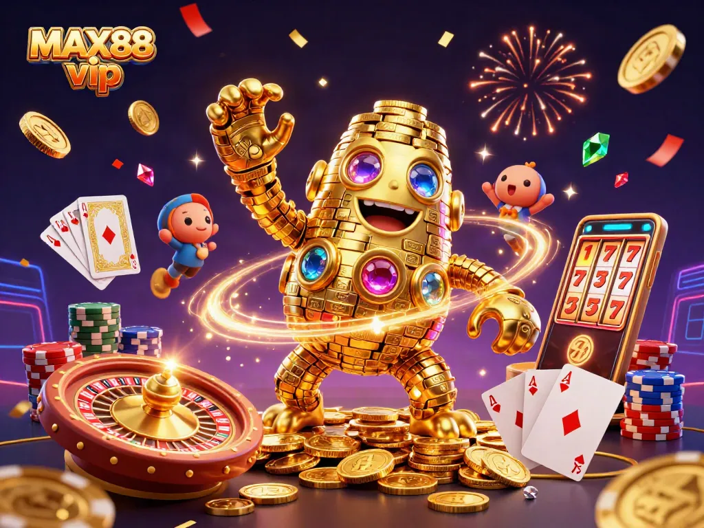 MAX88 vip showcases vibrant casino action with golden golem, coins, and roulette.