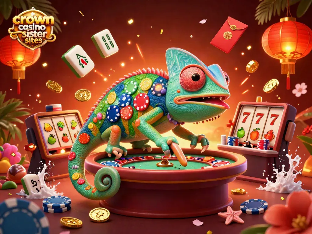 Spin and win with crown coins casino sister sites in a vibrant casino-themed 3D illustration.