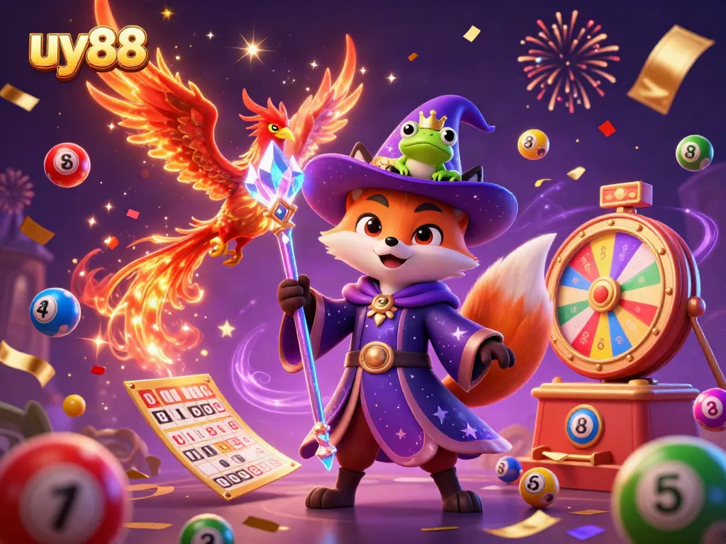 Join the excitement at uy88 with a mystical 3D wizard fox amidst colorful lottery elements.