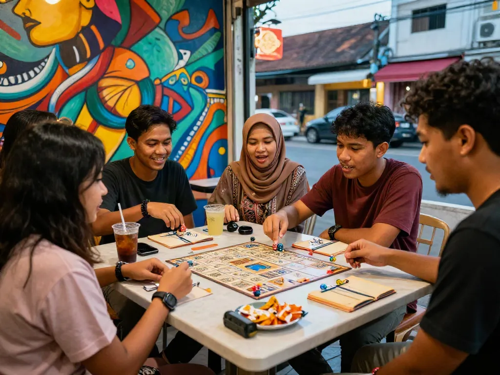 Nyonya 4D game gathering with friends enjoying dice and tiles surrounded by colorful street art.