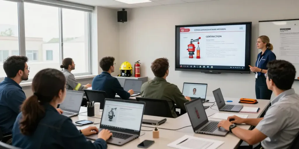Engaged professionals in CFPS Certification Saudi Arabia virtual training, highlighting essential fire safety education.