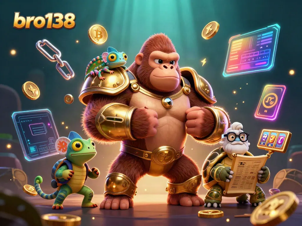Spin the reels with excitement at bro138 in this dazzling casino illustration featuring colorful characters and elements.