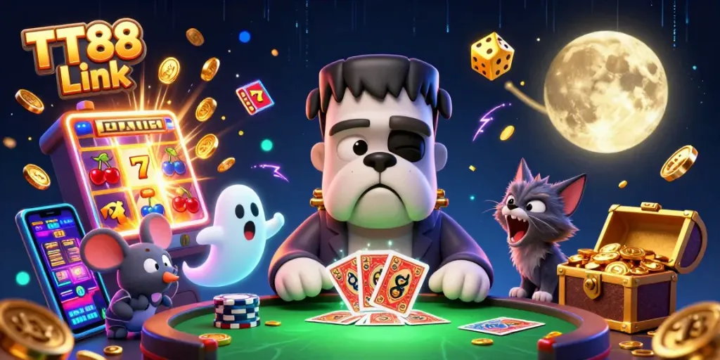 Experience thrills with TT88 Link as a ghost mouse and unique characters engage at a casino table.
