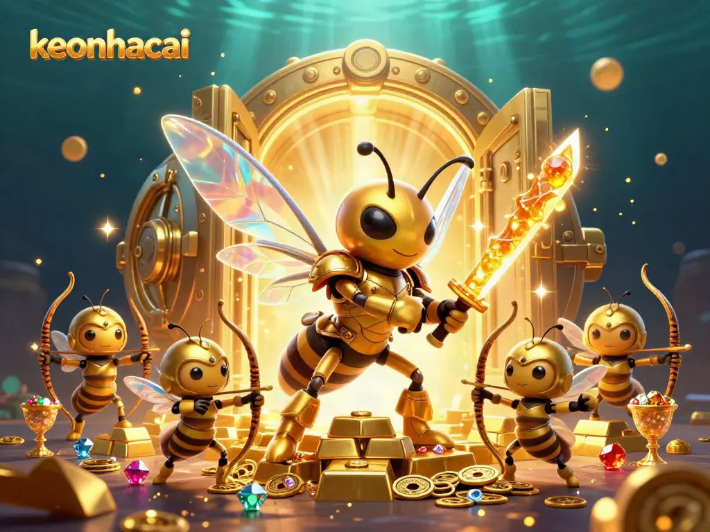Engage with keonhacai's exciting 3D cartoon illustration featuring a golden hornet and fortune elements.