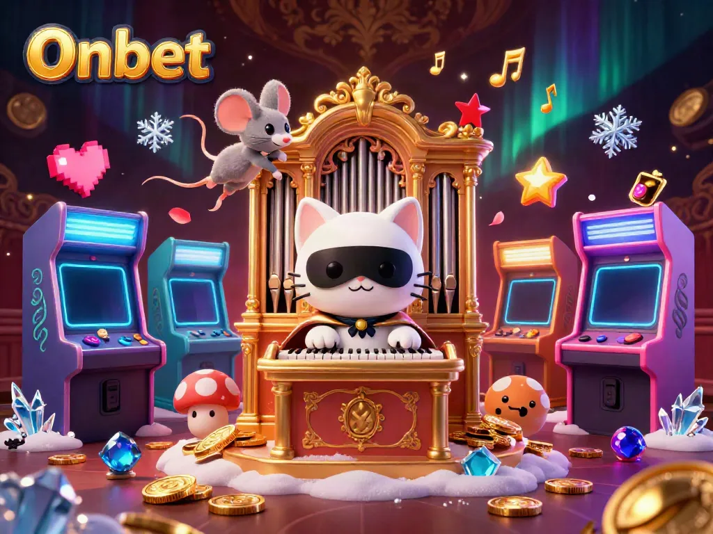 Experience thrilling gaming action at Onbet with a whimsical casino scene filled with vibrant characters and game elements.