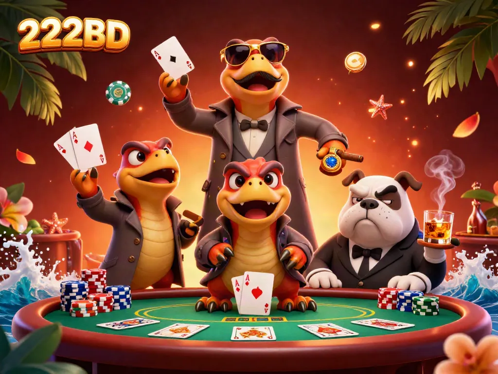 Engage with thrilling poker at 222BD featuring playful raptors and a bouncer in a vibrant casino.