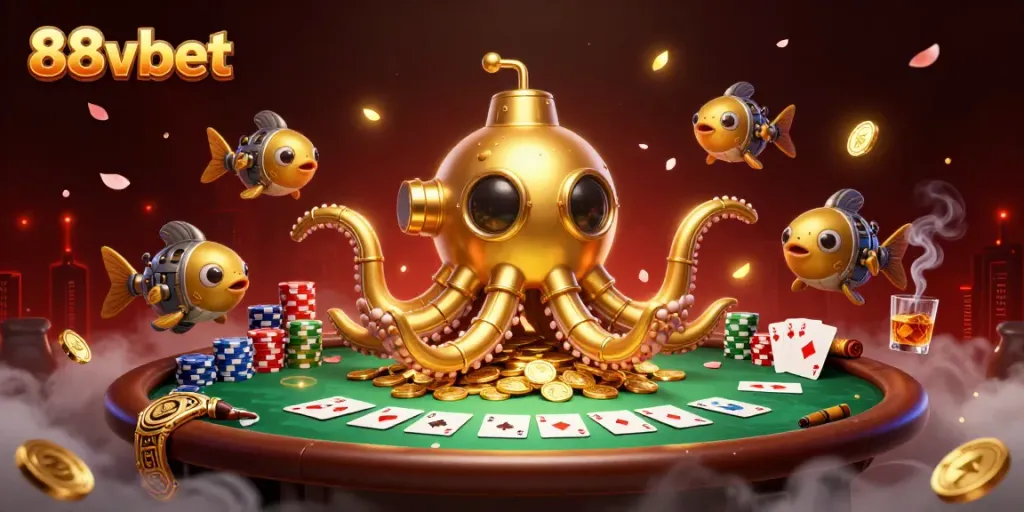 Experience the thrilling adventures of 88vbet with a 3D kraken submarine amid golden coins and poker action.
