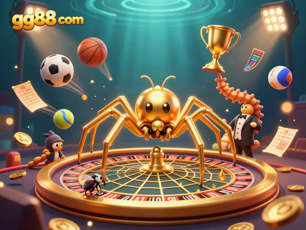 Engage in thrilling bets with gg88 com as a golden spider spins roulette while coins fly around