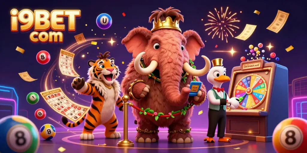 Engage with the vibrant casino atmosphere at i9BET com featuring a woolly mammoth bouncer, dynamic lottery elements, and exciting gaming visuals.