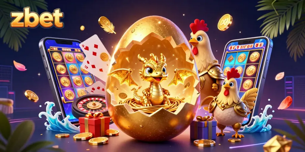 Play exciting slots at Zbet with a 3D dragon guarding golden poker chips amidst dazzling games.