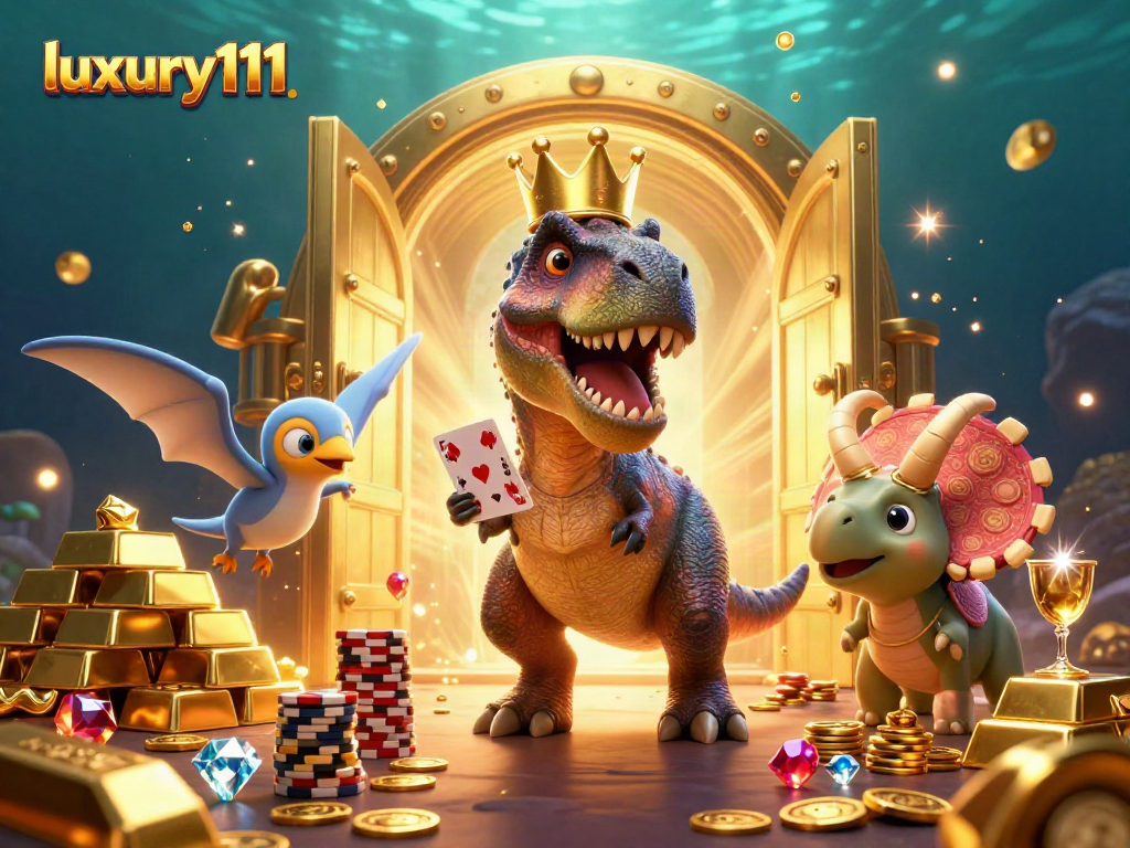 luxury111 casino scene with a T-Rex, pterodactyl, and triceratops enjoying vibrant gameplay