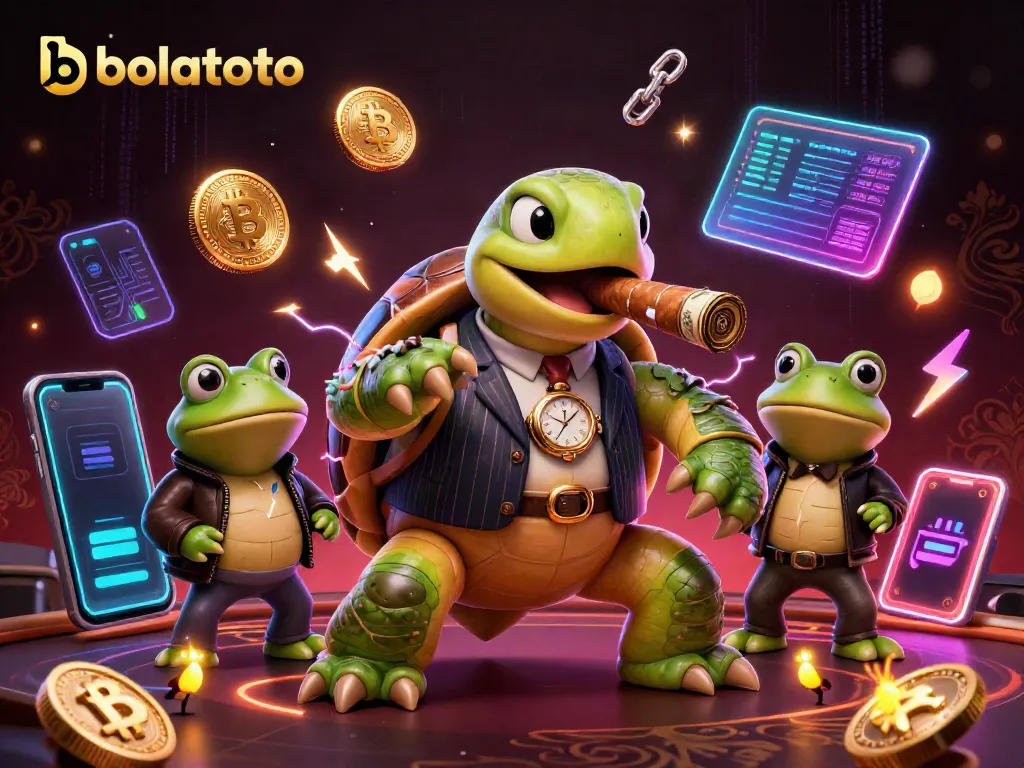 Spin to win at bolatoto with a cartoon turtle in a casino theme, surrounded by vibrant game elements.