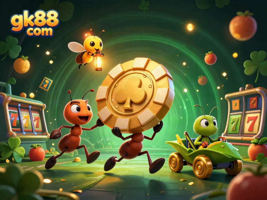 Join the ants' exciting heist at gk88 com, where golden poker chips and slot reels create a thrilling casino atmosphere.