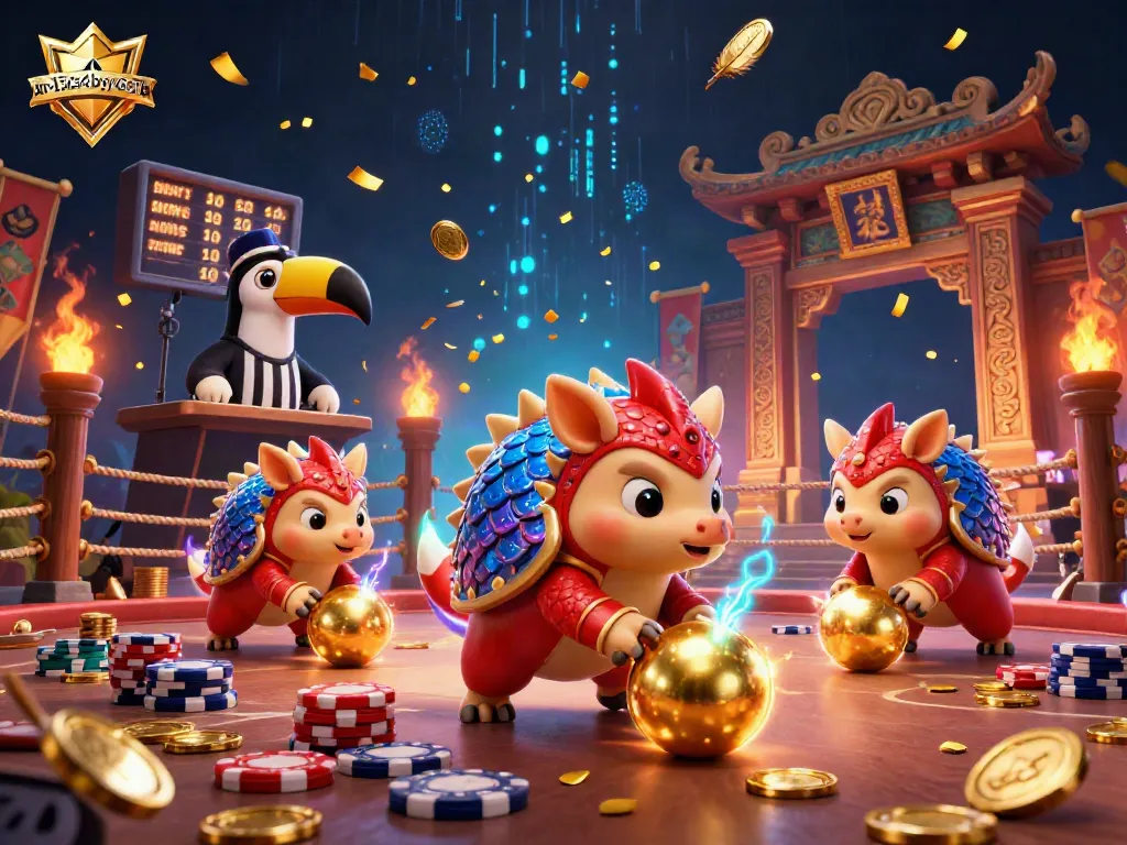 Bowling pangolins in a vibrant casino scene with xn--l3ca4bybyc5c7b tokens and poker chips.