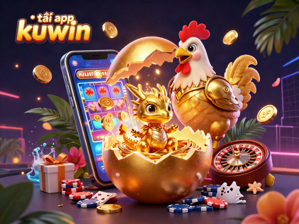 Experience the thrill of tải app kuwin with a golden dragon and casino games in a vibrant 3D scene.