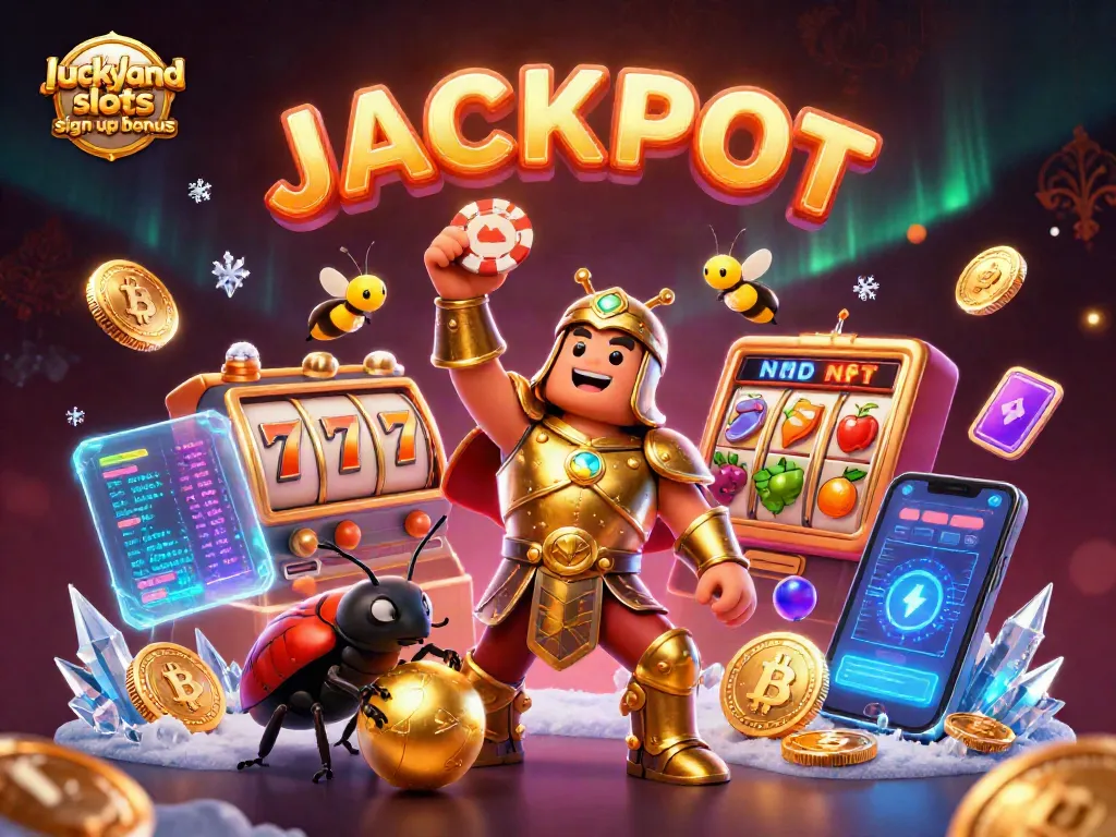 Win big with the luckyland slots sign up bonus on a dynamic 3D casino scene filled with vibrant gaming elements.