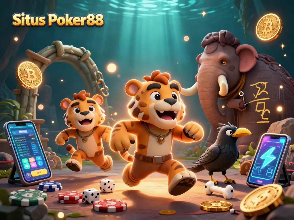 Situs Poker88 brings thrilling poker action alive in a vibrant prehistoric casino setting.