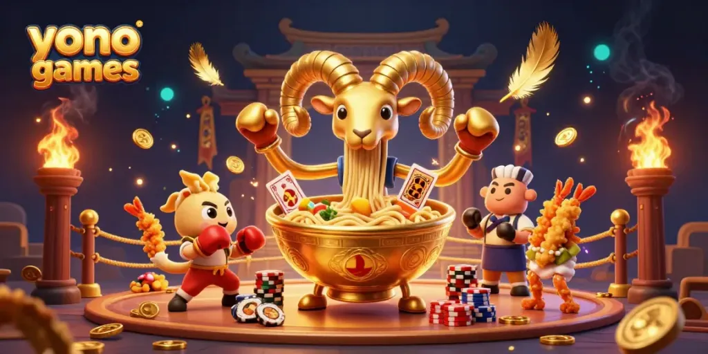 Yono Games features a dynamic scene with a golden ramen bowl creatively dealing cards in a vibrant casino setting.