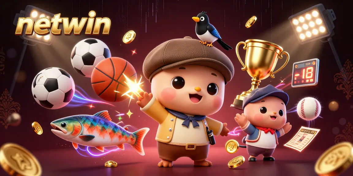 Engaging scene with netwin characters celebrating betting victories amidst dynamic sports elements.