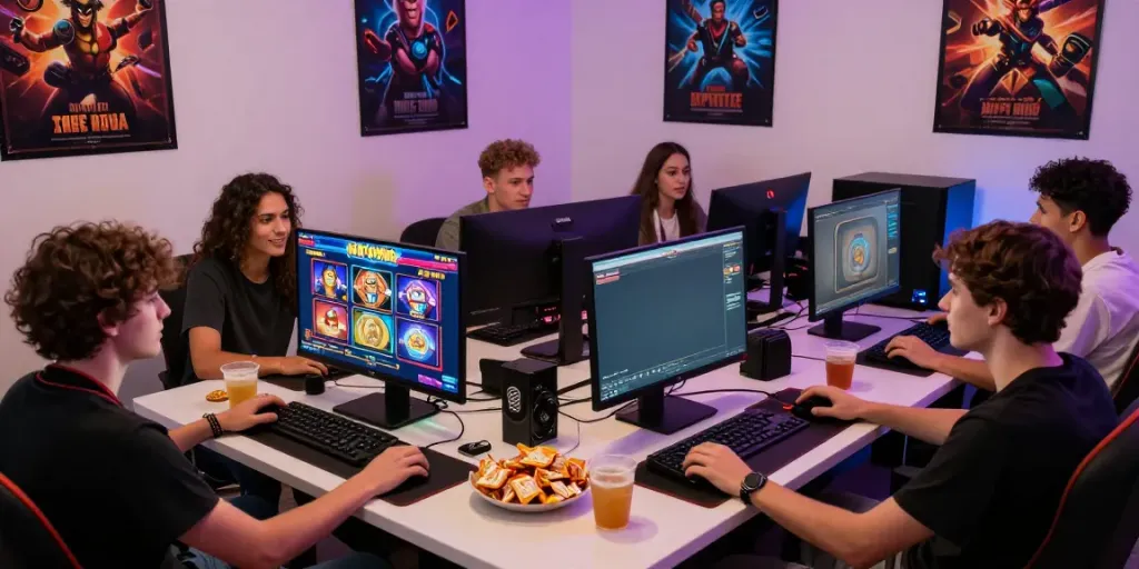 A lively online gaming scene featuring friends enjoying akunjp slot games with colorful displays and snacks.