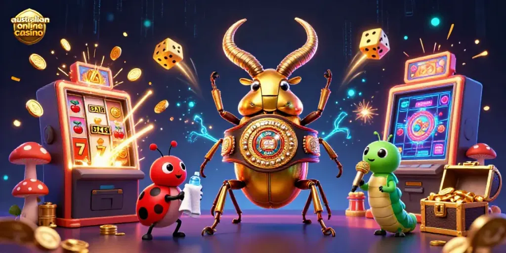 Action-packed scene featuring a glowing stag beetle and a ladybug at an australian online casino championship.