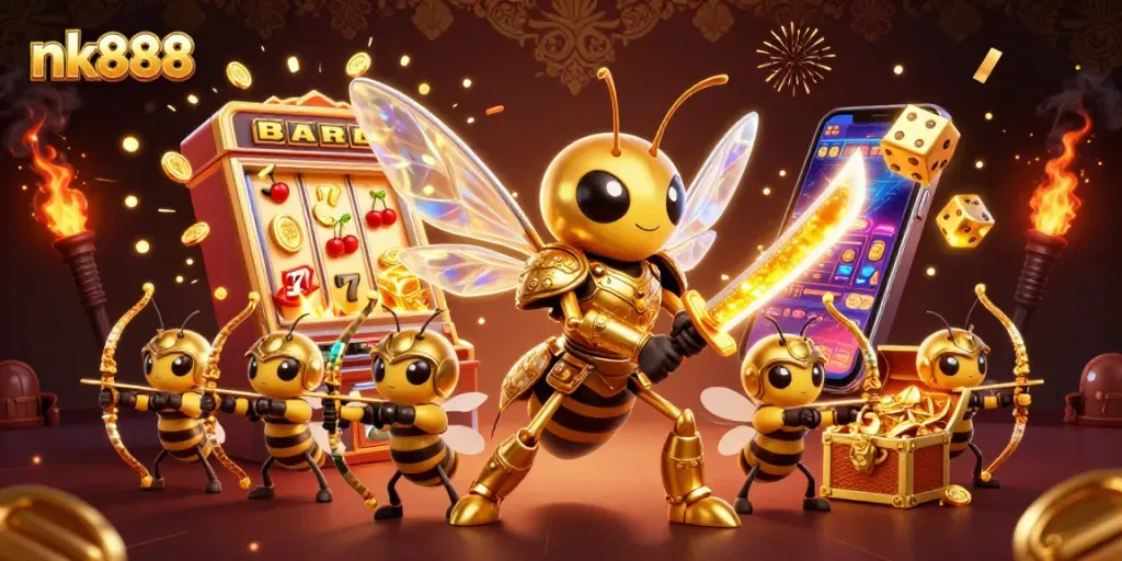 Join the thrill of nk888 with a golden hornet samurai wielding honey katanas amidst a jackpot explosion.